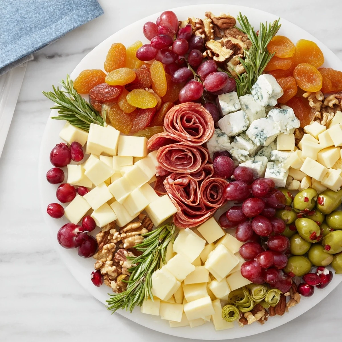 Festive holiday wreath cheese platter showcasing a beautiful array of cheeses, fruits, and meats ready to serve.