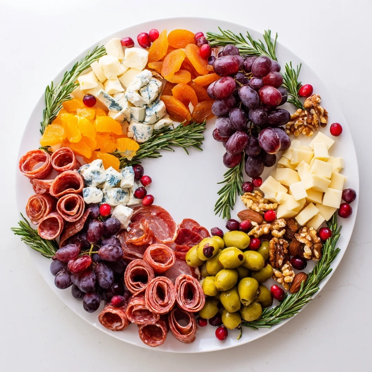 A gorgeous holiday wreath cheese platter with creamy brie, sharp cheddar, and delicious salami arranged for entertaining.