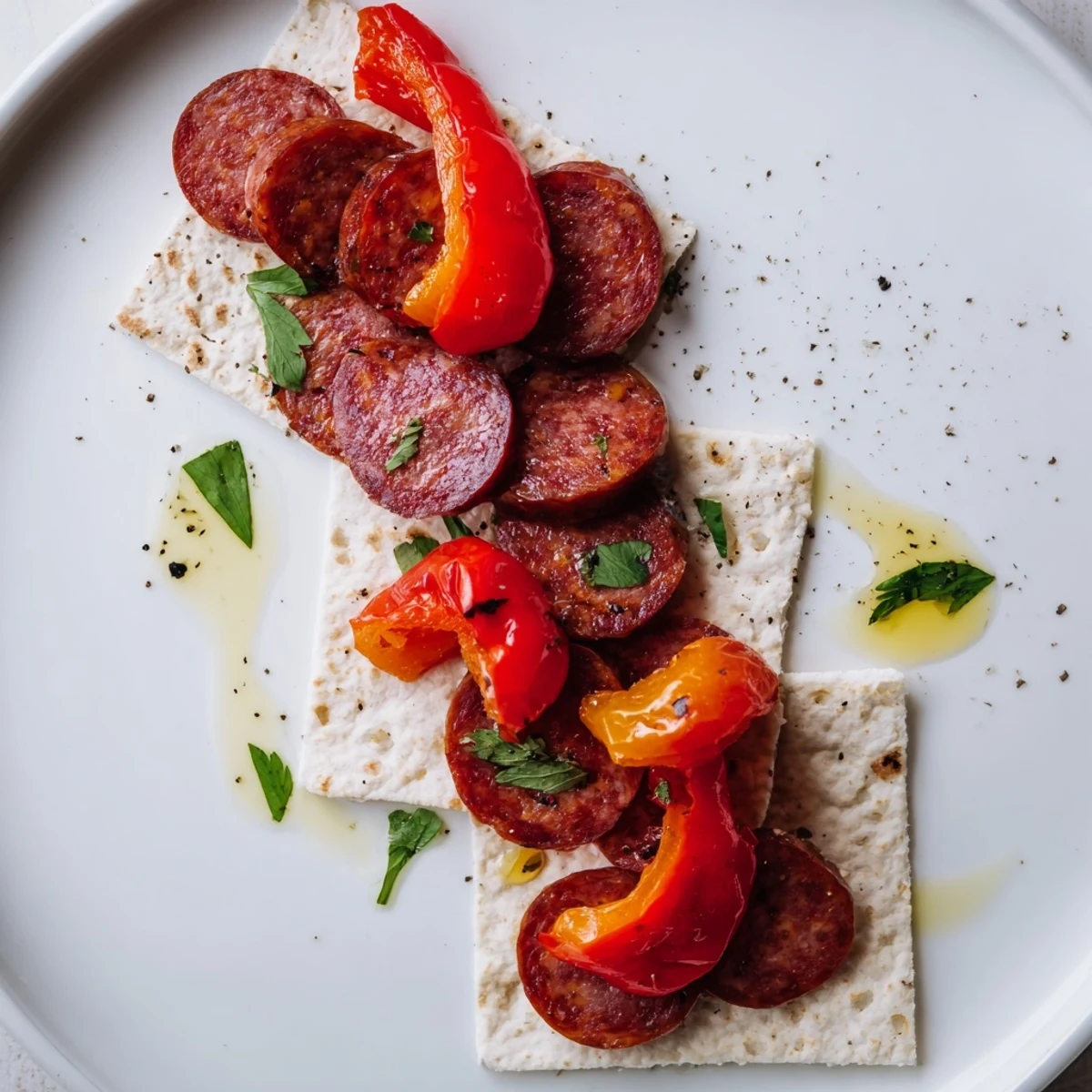 The Crimson Tide app: vibrant chorizo, cherries, and peppers artfully arranged on crisp crackers.