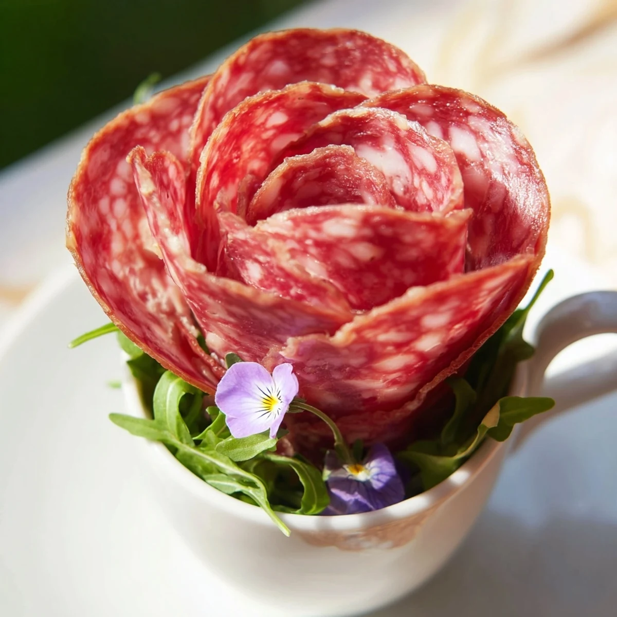Elegant Victorian Tea Roses presented in porcelain teacups with pepperoni and salami "petals" ready to enjoy.