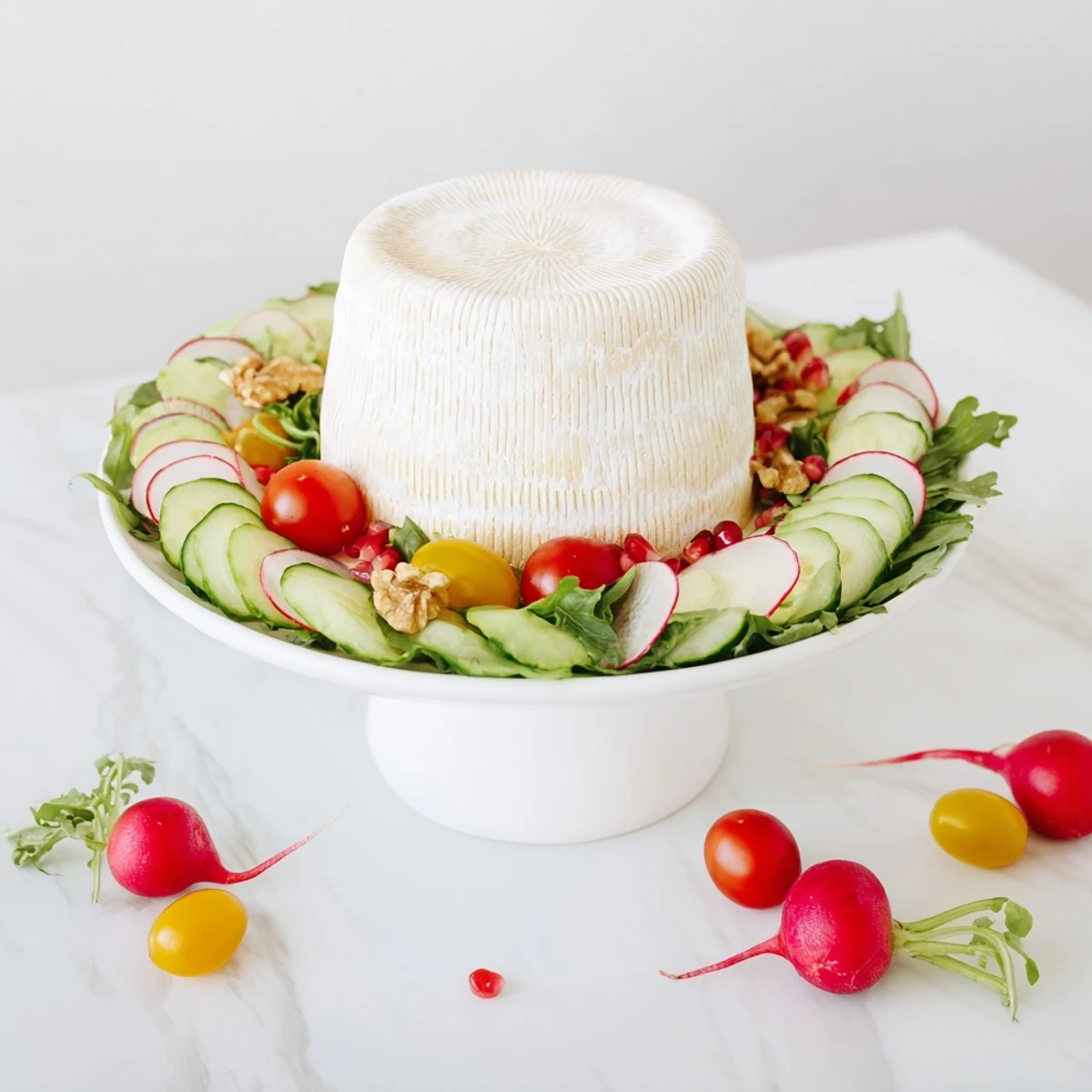The Zenith Point salad featuring a creamy artisanal cheese wheel, beautifully arranged and ready to serve.
