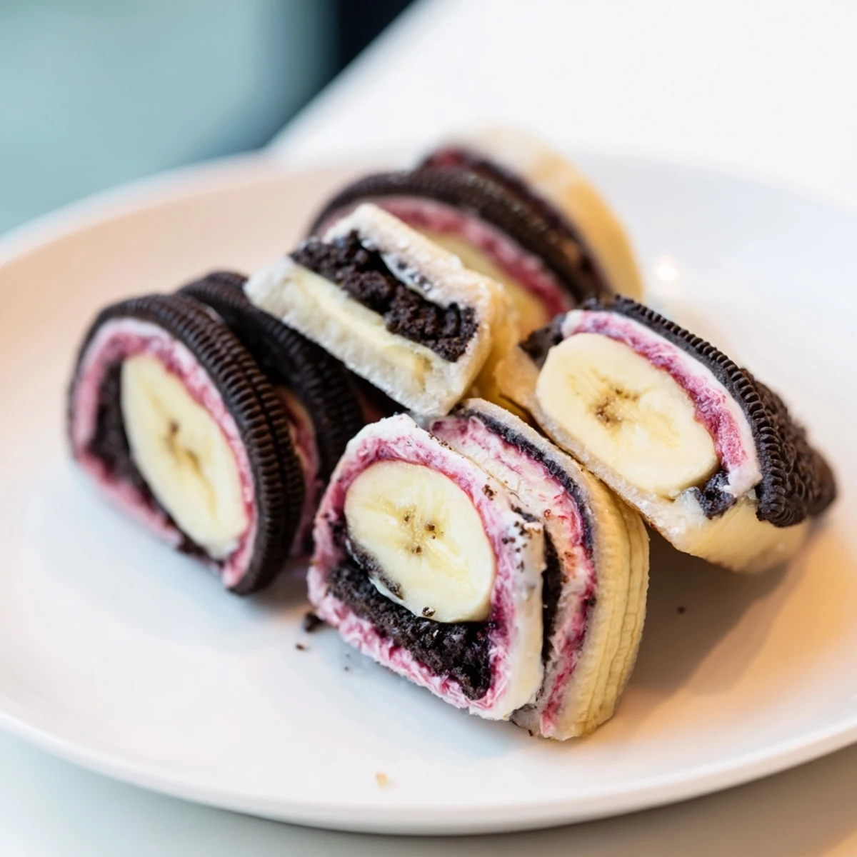 Sweet, playful Oreo Cookie Sushi Rolls with a banana center, a unique dessert experience.