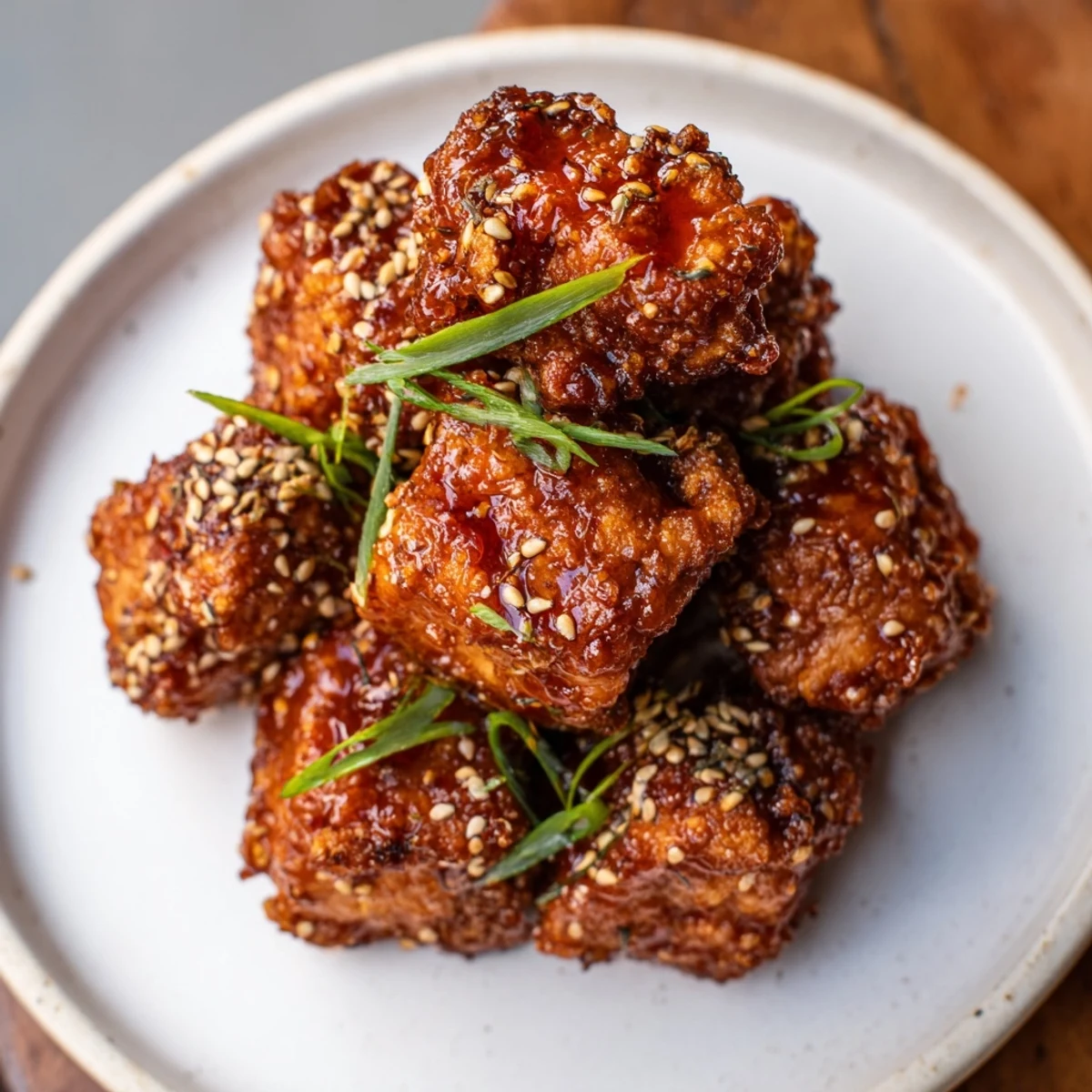 A plate of sticky and savory Honey-Sriracha chicken bites, garnished with fresh chives and sesame seeds.