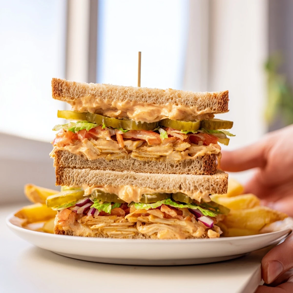 Enjoy the crunch: A generously stacked Crunchy Dill Pickle Sandwich bursting with colorful vegetables ready for lunch.