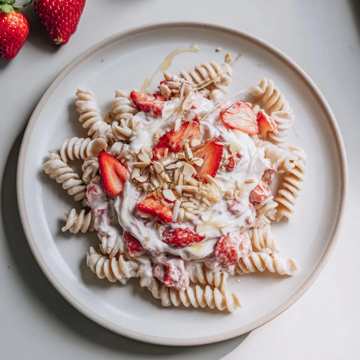 Sweet Strawberry Yogurt Pasta, a colorful pasta salad with fresh strawberries and creamy yogurt.