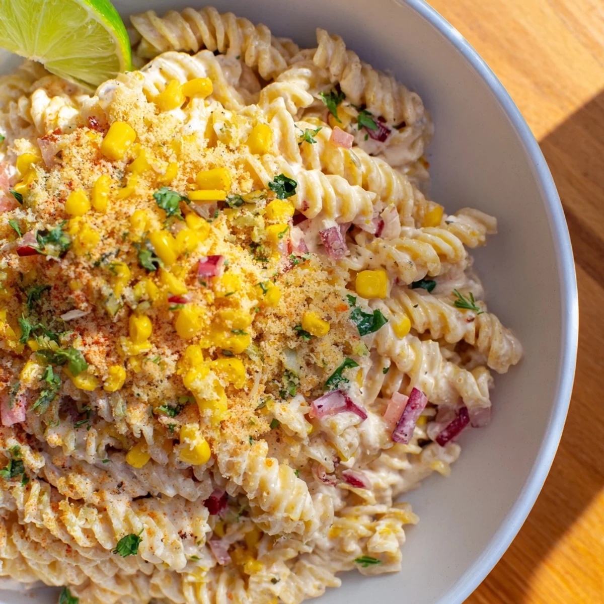 Delicious, homemade Creamy Street Corn Pasta Salad: a summer side dish with Mexican flavors.