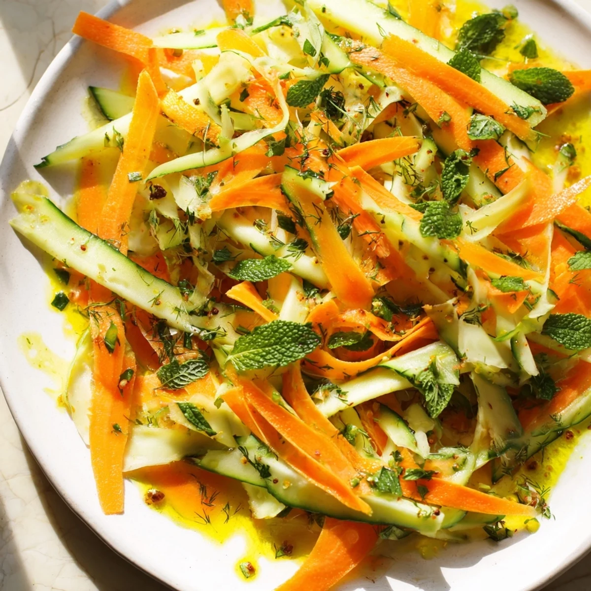 This colorful Citrus Carrot Ribbon Salad, with a sweet citrus dressing, is ready to serve.