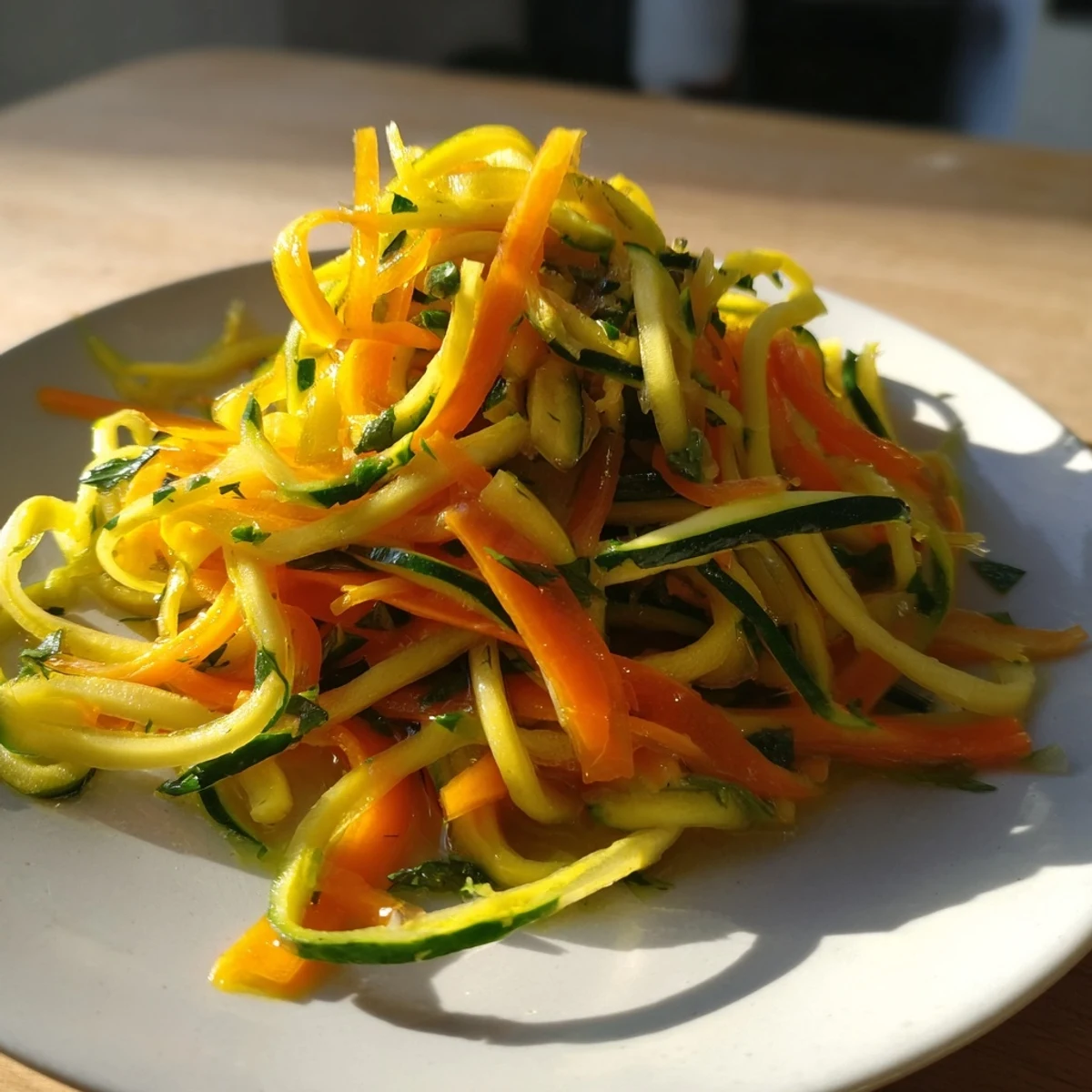 Tossed ribbons in a Citrus Carrot Ribbon Salad with mint and parsley, a refreshing side.
