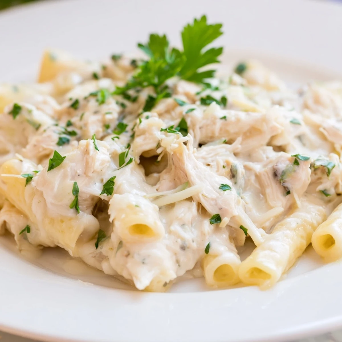 Tender chicken and penne pasta smothered in rich Alfredo sauce, a slow-cooker chicken Alfredo pasta bake.