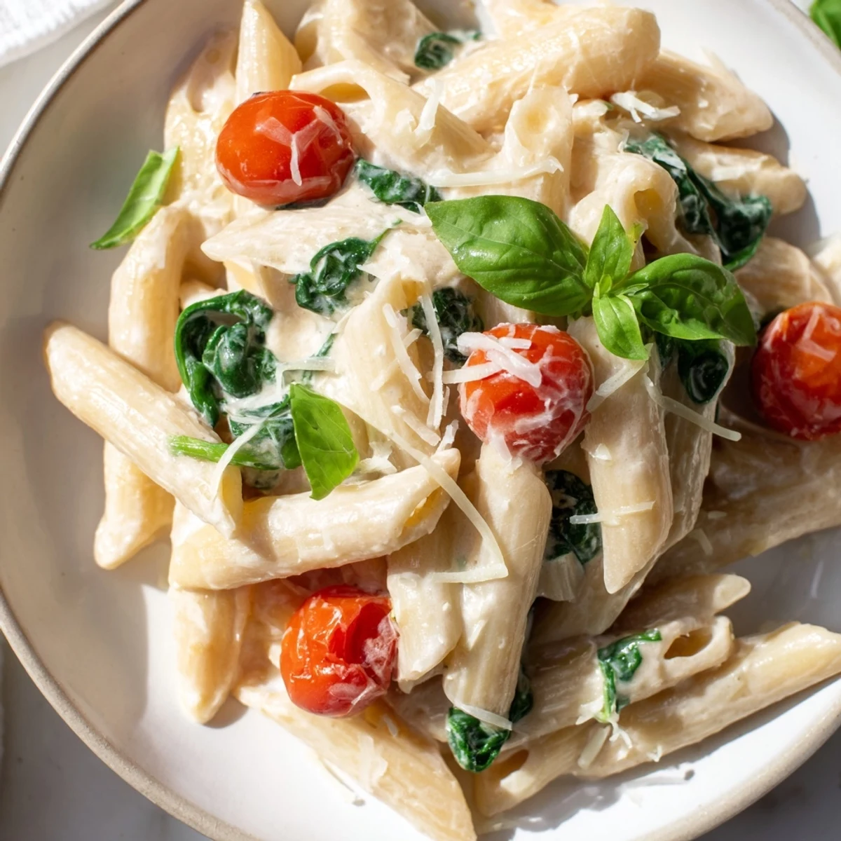 Creamy Cottage Cheese High-Protein Pasta with vibrant green spinach and fresh basil garnish.