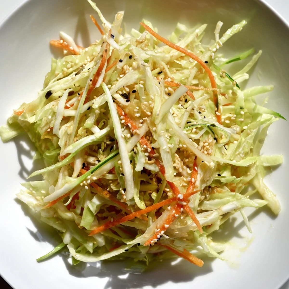 Close-up of a vibrant Cabbage-Core Slaw Salad, boasting toasted sesame seeds and fresh green onions.