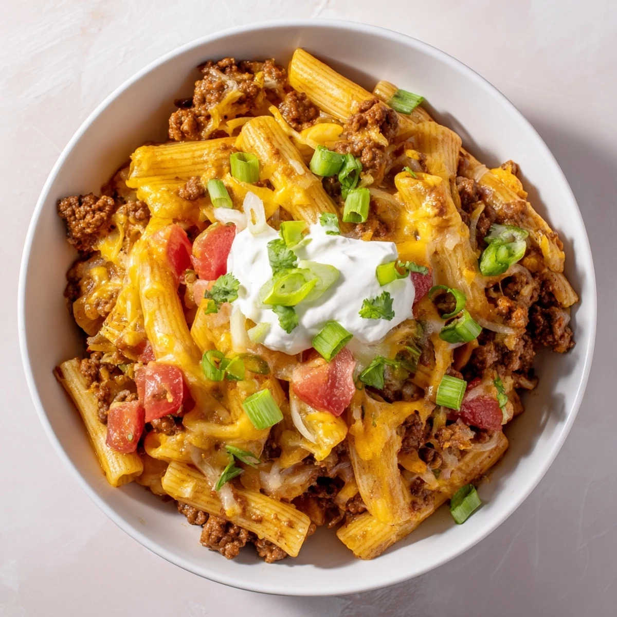 One-Pot Taco Pasta, a bubbling skillet of cheesy pasta and savory ground beef, ready to eat.
