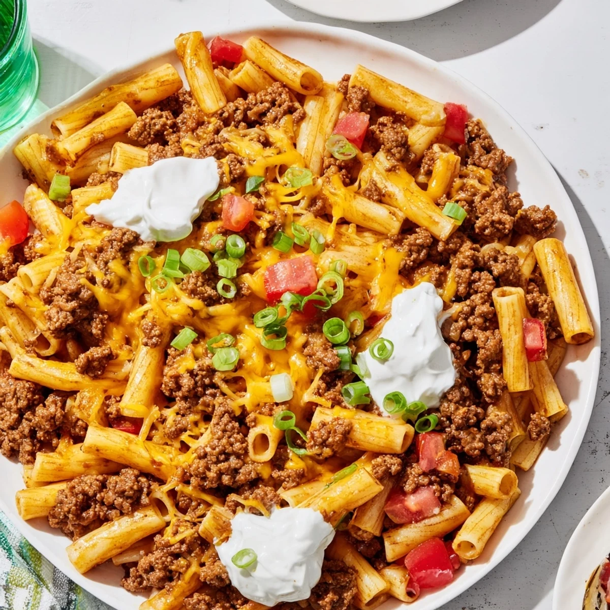 Golden cheddar melts over this one-pot taco pasta, promising a satisfying, Tex-Mex dinner.