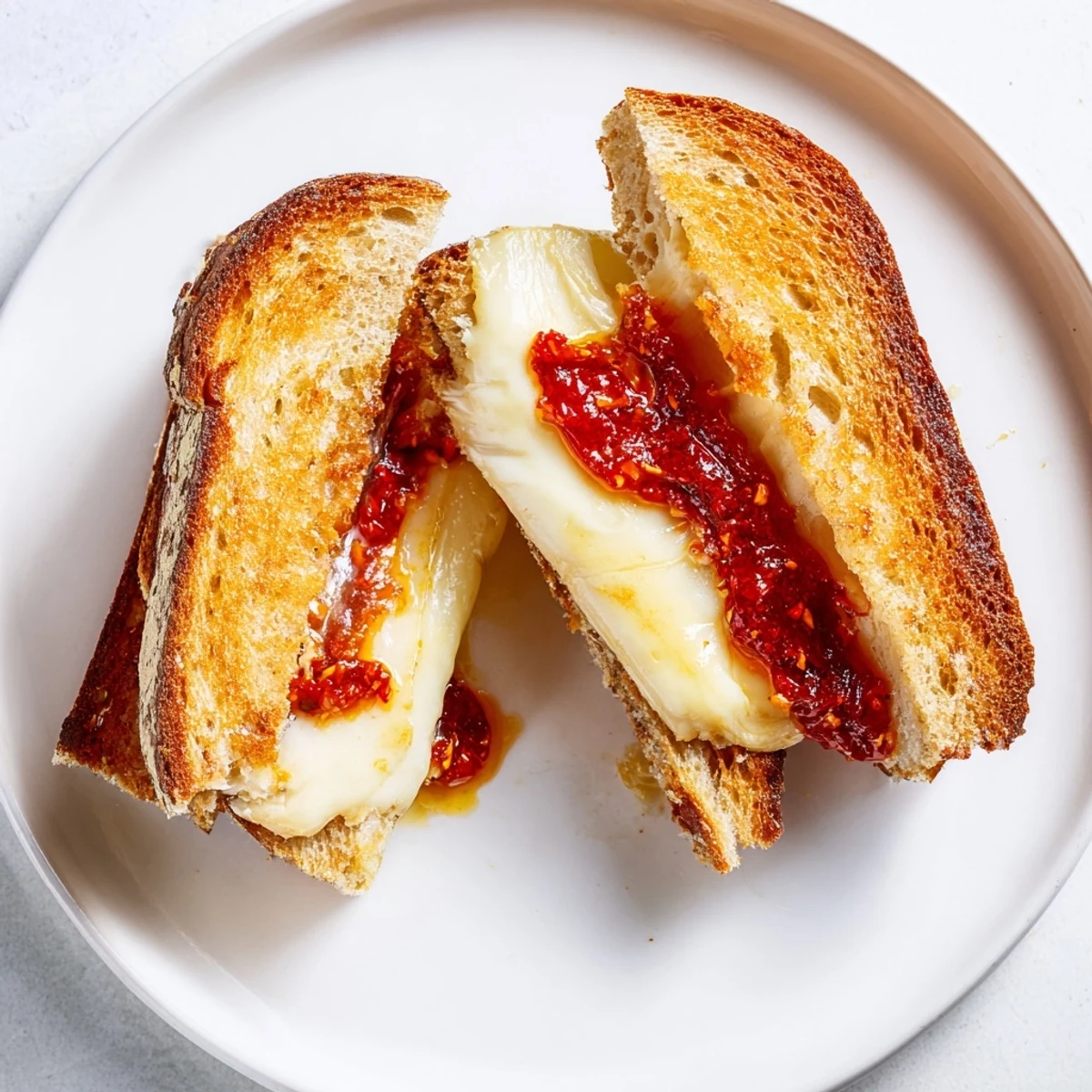 Golden, gooey Brie and Chili Crisp Grilled Cheese ready to be sliced, a gourmet lunch treat.