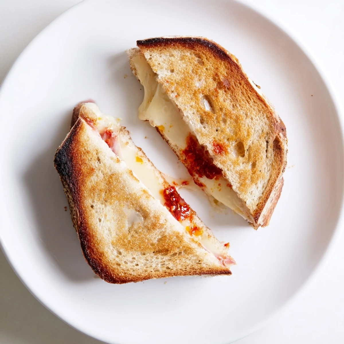 Melted brie oozing from a Brie and Chili Crisp Grilled Cheese, toasted to a delicious golden brown.