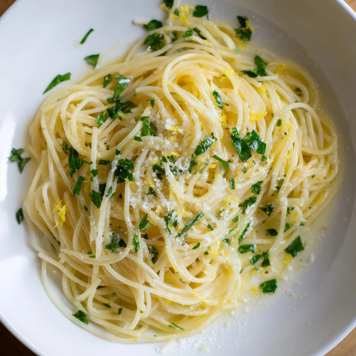 A vibrant plate of Lemon Capellini with Fresh Herbs, glistening with bright lemon sauce.