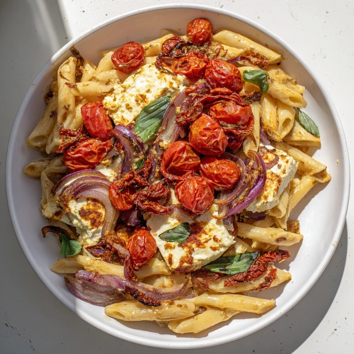 Golden-baked feta cheese melds with sun-dried tomatoes creating the star of this Baked Feta Pasta.