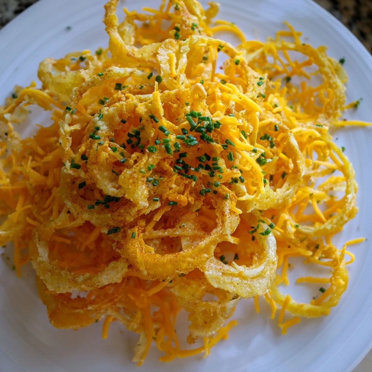 Crispy Onion Cheese Chips boasting layers of melty cheese atop perfectly fried, thin onion rings.