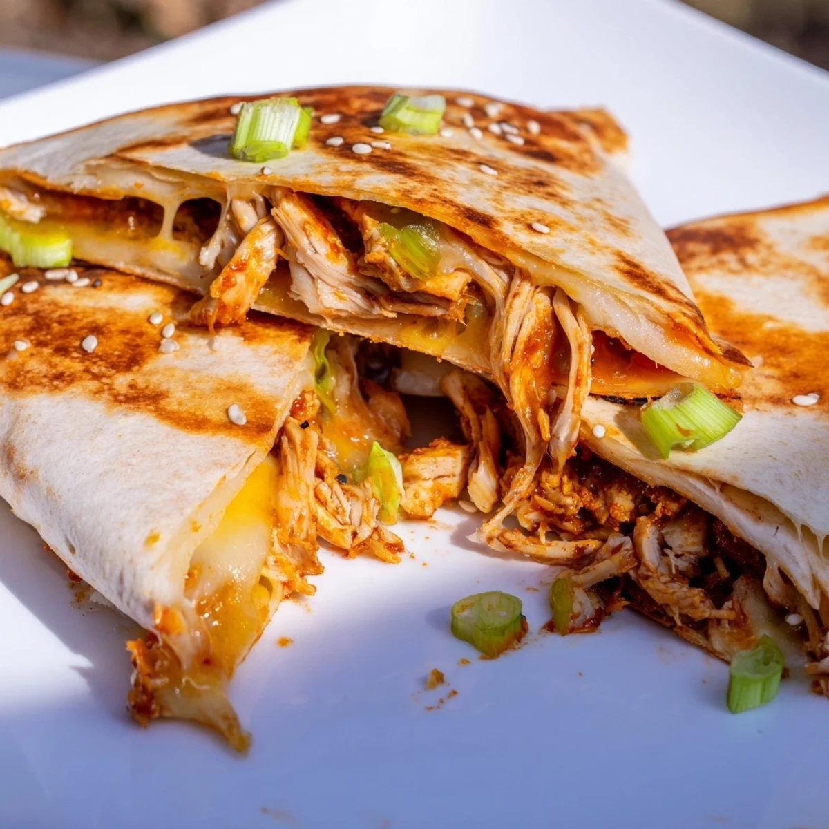 Crispy, grilled Korean BBQ Chicken Wrap Grilled Cheese, a perfect fusion of flavors, with glistening sesame seeds.