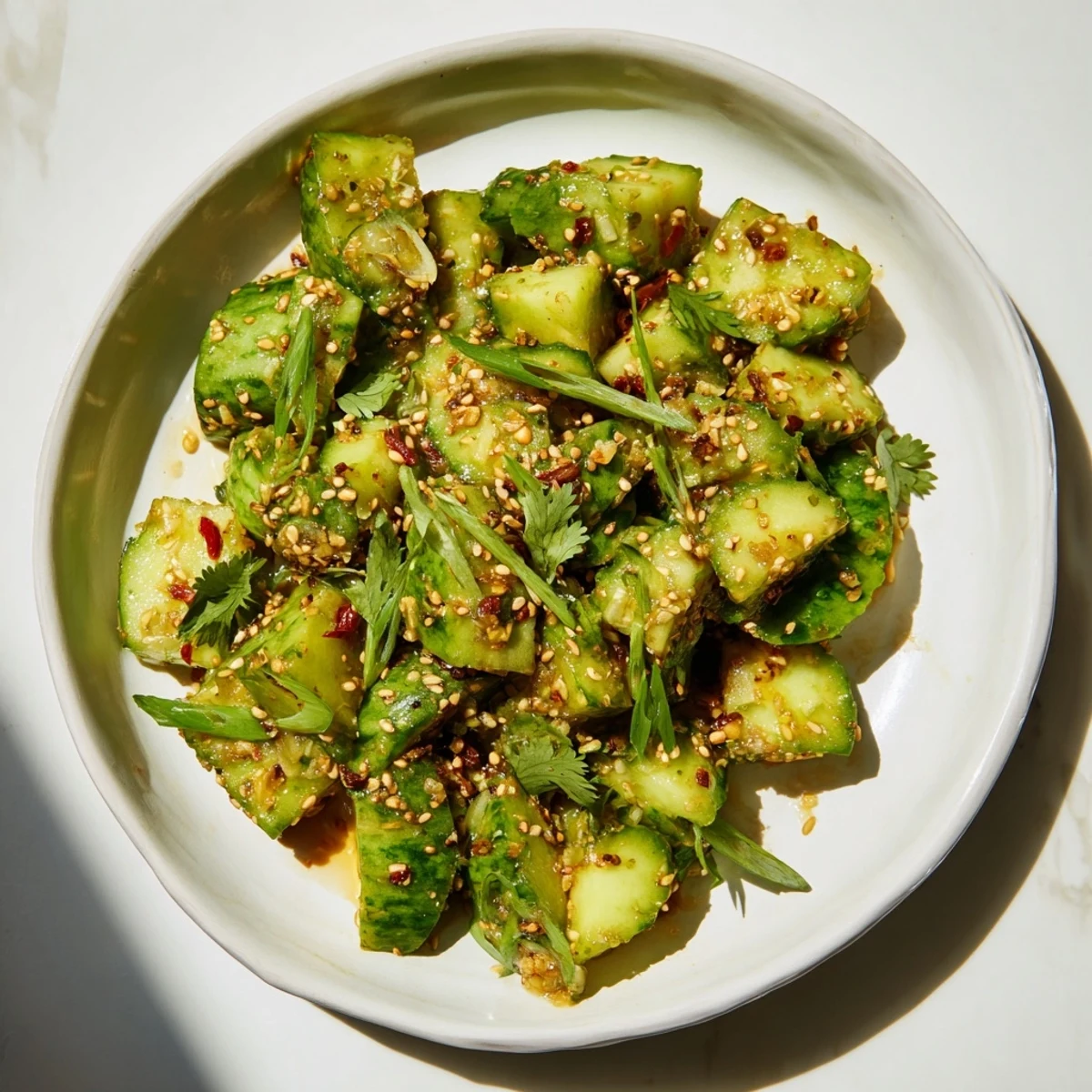 Chinese Spicy Smashed Cucumber Salad: a vivid photo of the refreshing, crunchy cucumber dish, ready to eat.