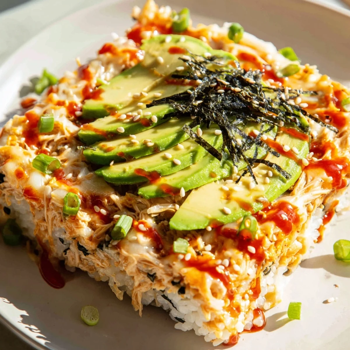 Warm, bubbling Chicken Sushi Bake showcasing shredded chicken atop seasoned rice and melted cheese.