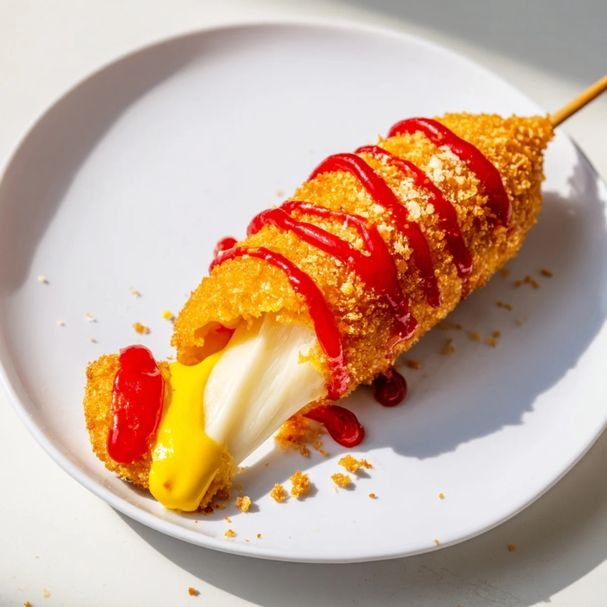 Golden-brown Cheesy Korean Corn Dogs, freshly fried and sprinkled with sugar, look amazing.