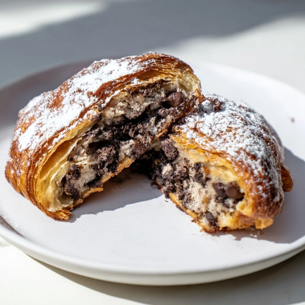 Flaky, golden Cookie Croissant with melted chocolate chips, perfect for a sweet breakfast treat.