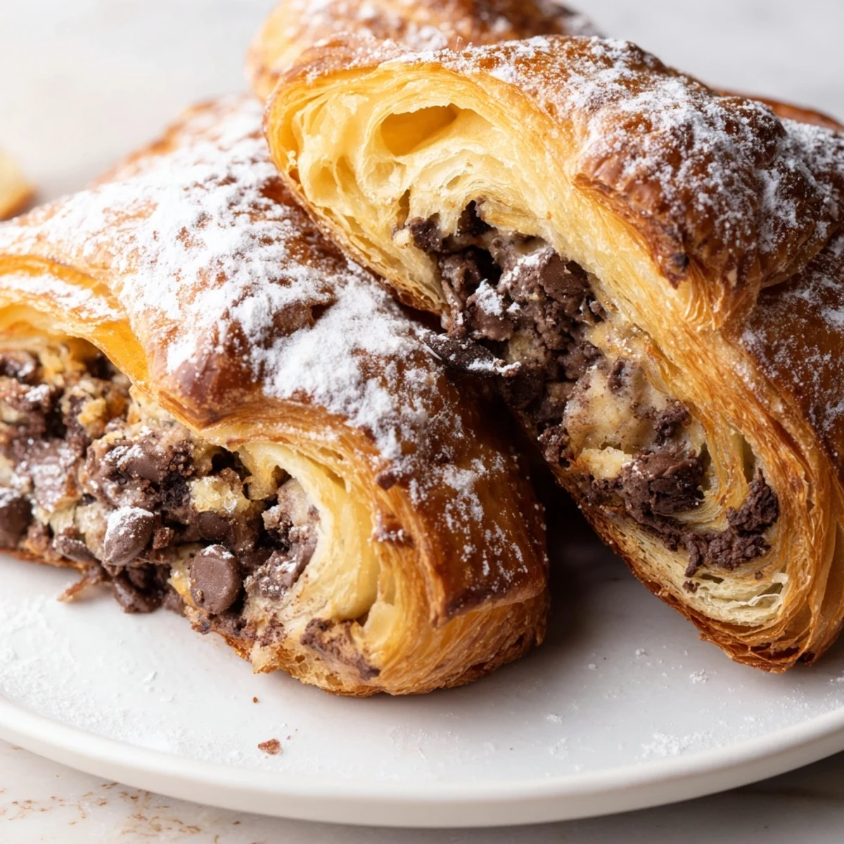 Image of a warm Cookie Croissant showing a soft, gooey cookie dough center bursting forth.