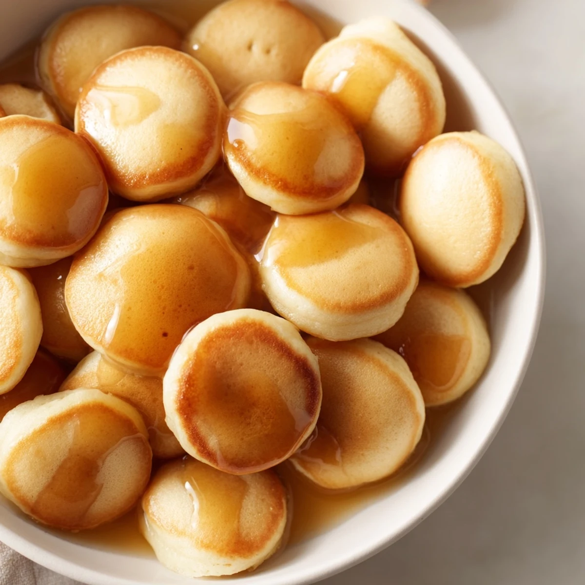 Mini, golden brown pancake cereal, a bowl filled with delightful bite-sized pancakes and syrup.