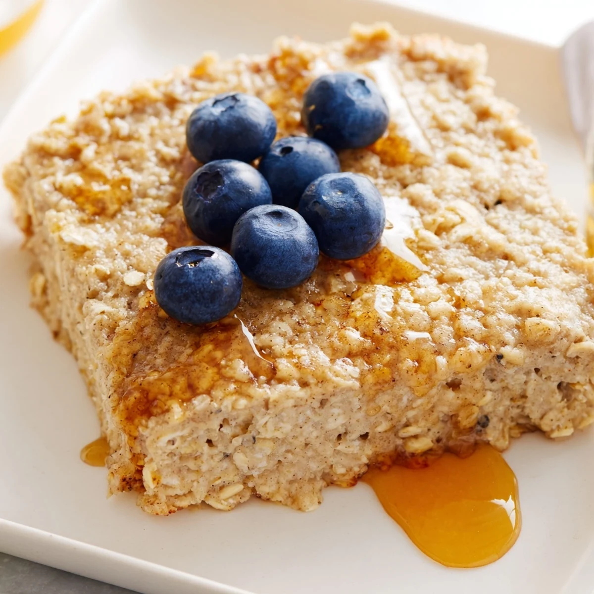 Fluffy baked Protein Pancake Oats, golden brown, served with fresh blueberries and a drizzle.