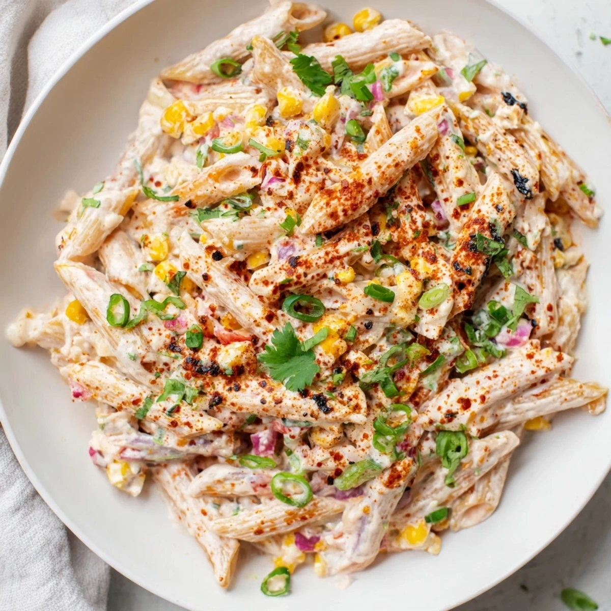 A close-up of creamy Mexican Street Corn Pasta, showcasing vibrant corn and fresh cilantro.