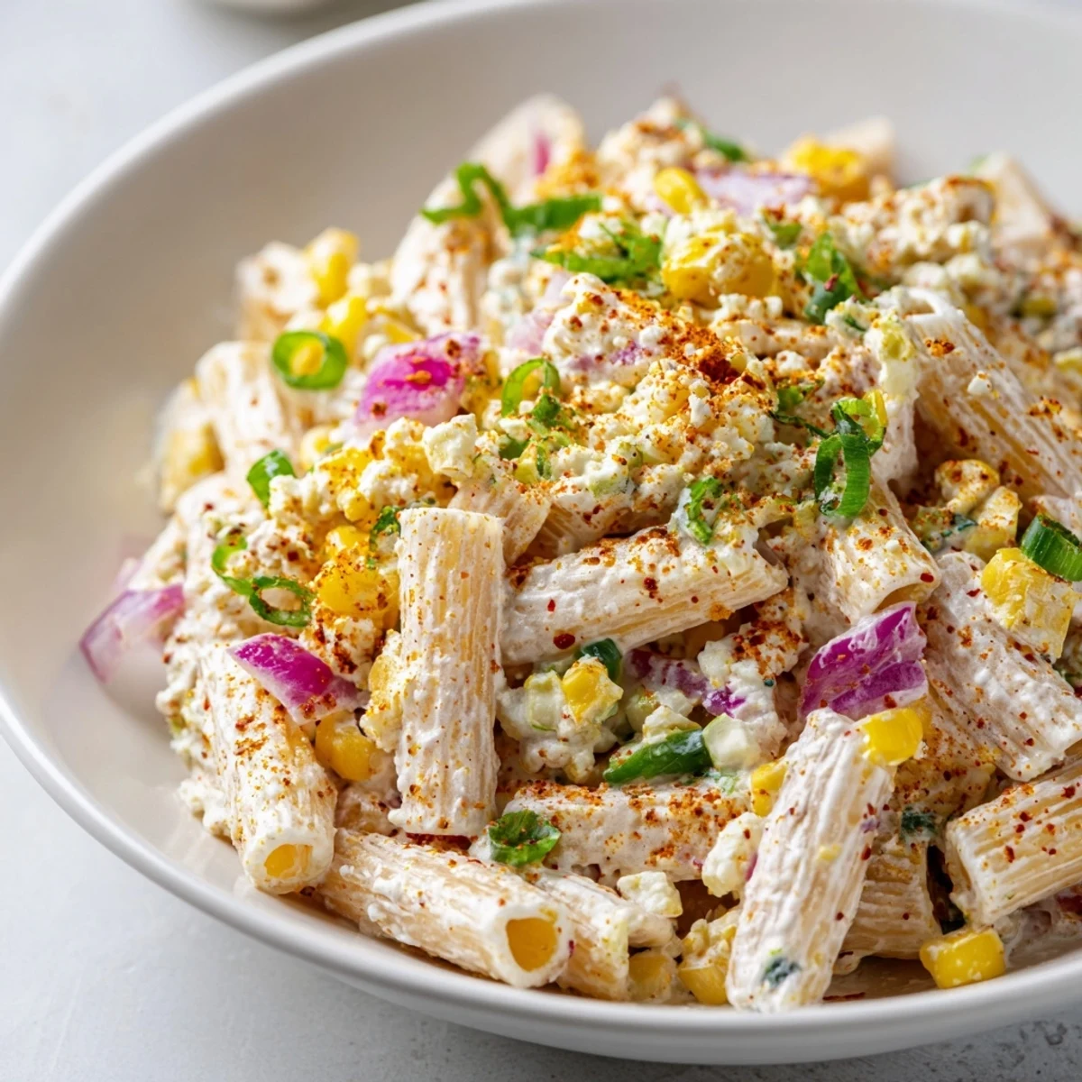 Enjoy a spoonful of the flavorful Mexican Street Corn Pasta, ready and chilled for serving.