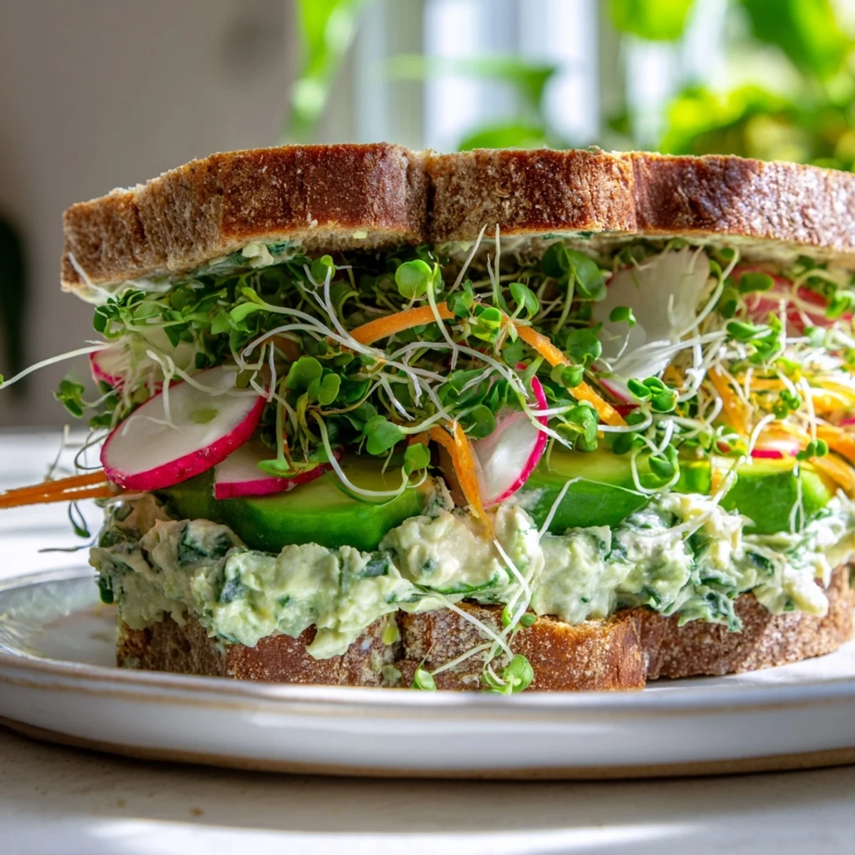 Close-up of a Green Goddess Sandwich revealing layers of fresh veggies and vibrant green spread.