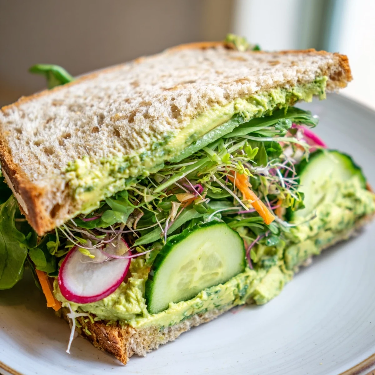 A hearty Green Goddess Sandwich, packed with colorful vegetables, ready for a delicious vegetarian lunch.