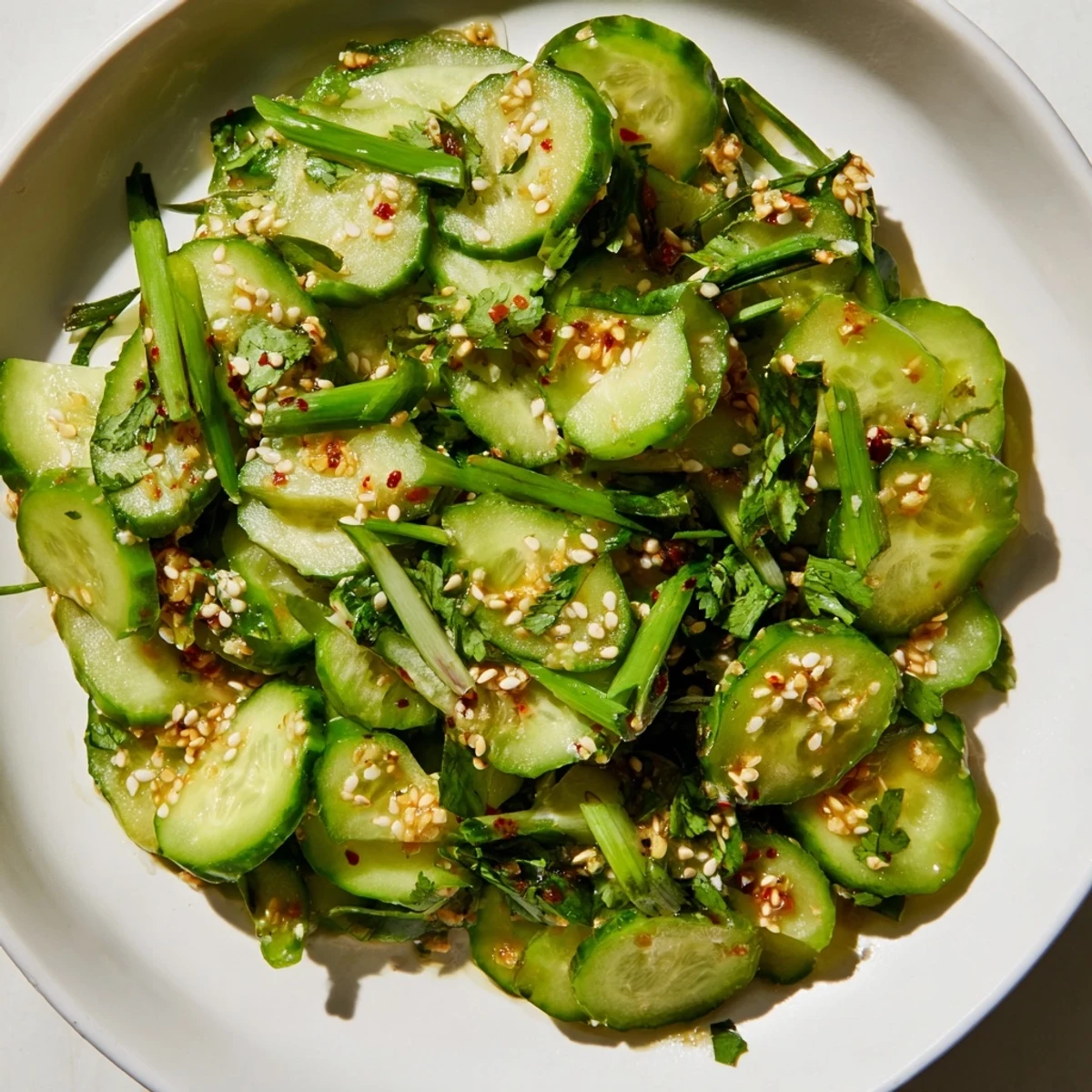 Zesty Shake Cucumber Salad with glistening cucumbers tossed in a tangy soy-sesame dressing, ready to eat.