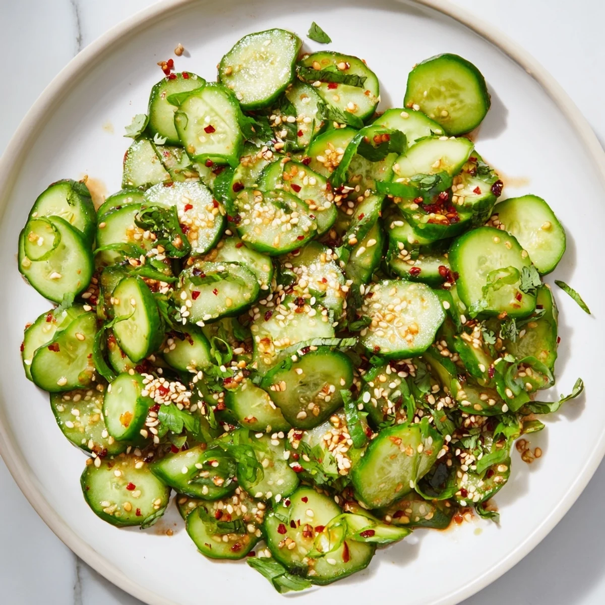 A vibrant bowl of Zesty Shake Cucumber Salad, showcasing crisp cucumbers and a spicy, Asian-inspired dressing.