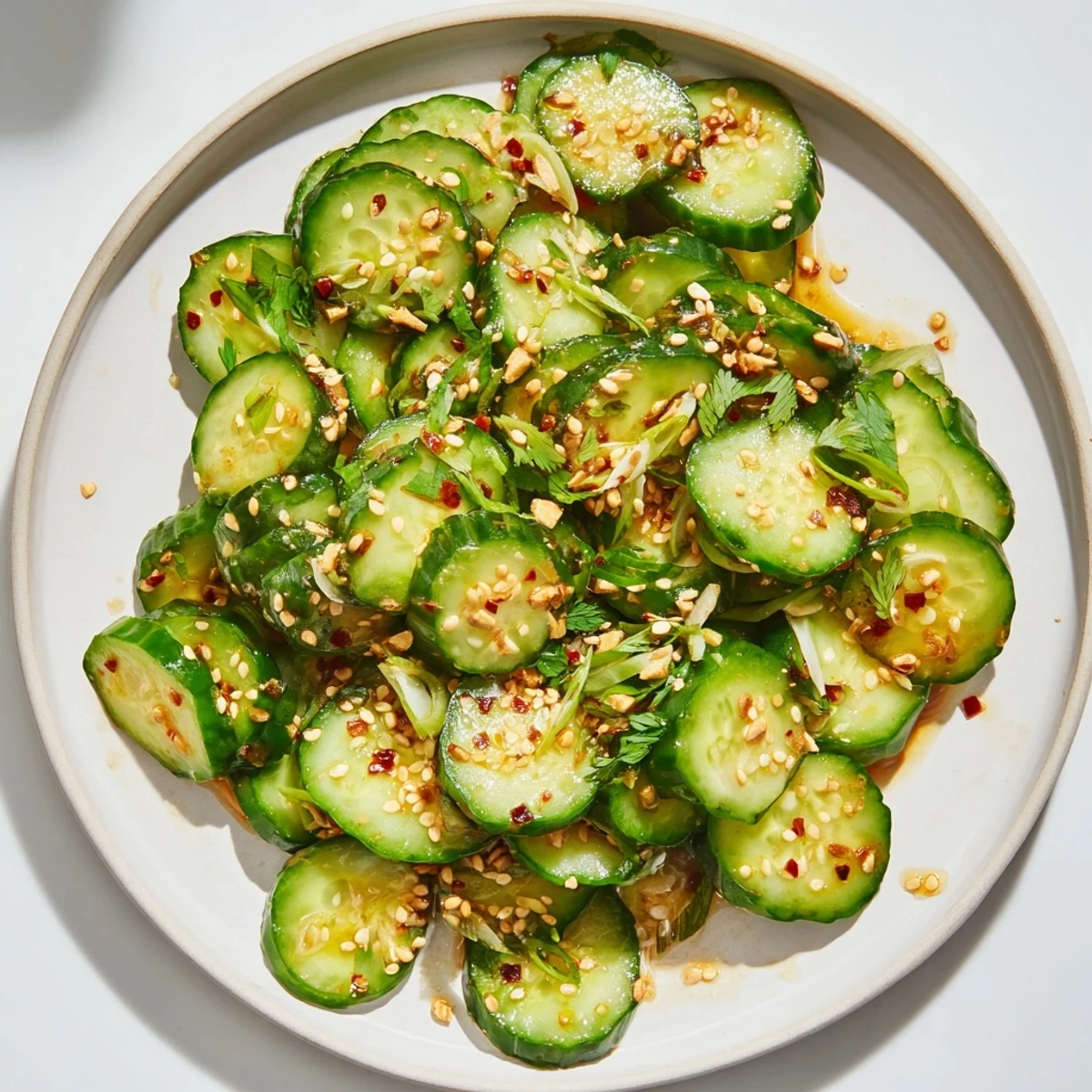 Bright, refreshing Zesty Shake Cucumber Salad, complete with sesame seeds and fresh cilantro, a flavorful side.