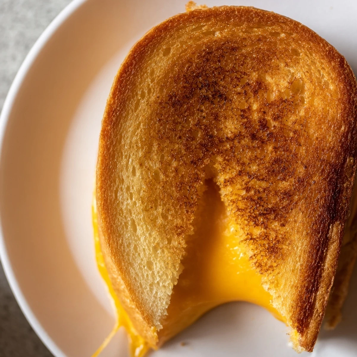 A close-up of a perfectly cooked air fryer grilled cheese; the cheese is bubbly.