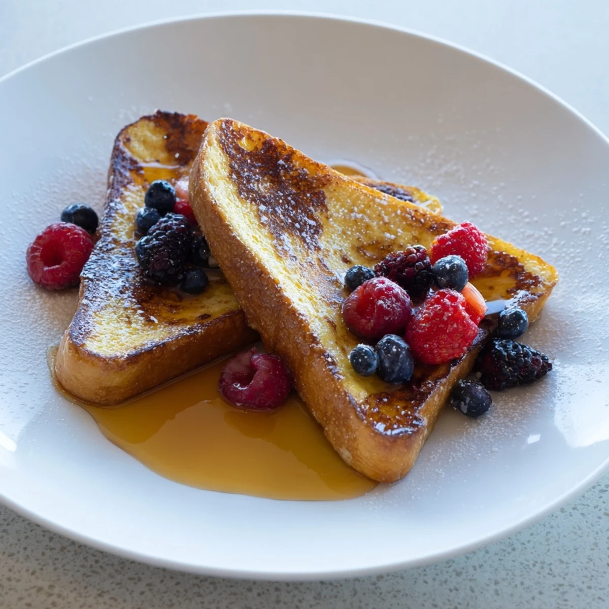 Golden brown Ice Cream French Toast, ready to be drizzled with syrup and topped with berries for brunch.