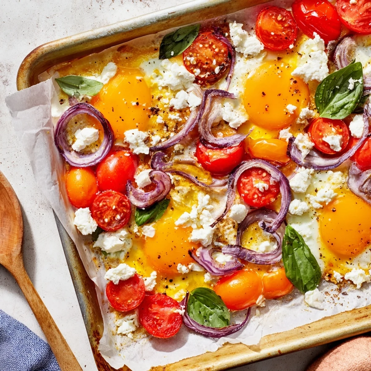 Enjoy a delicious Mediterranean experience with these flavorful Tomato Feta Baked Eggs, served hot.