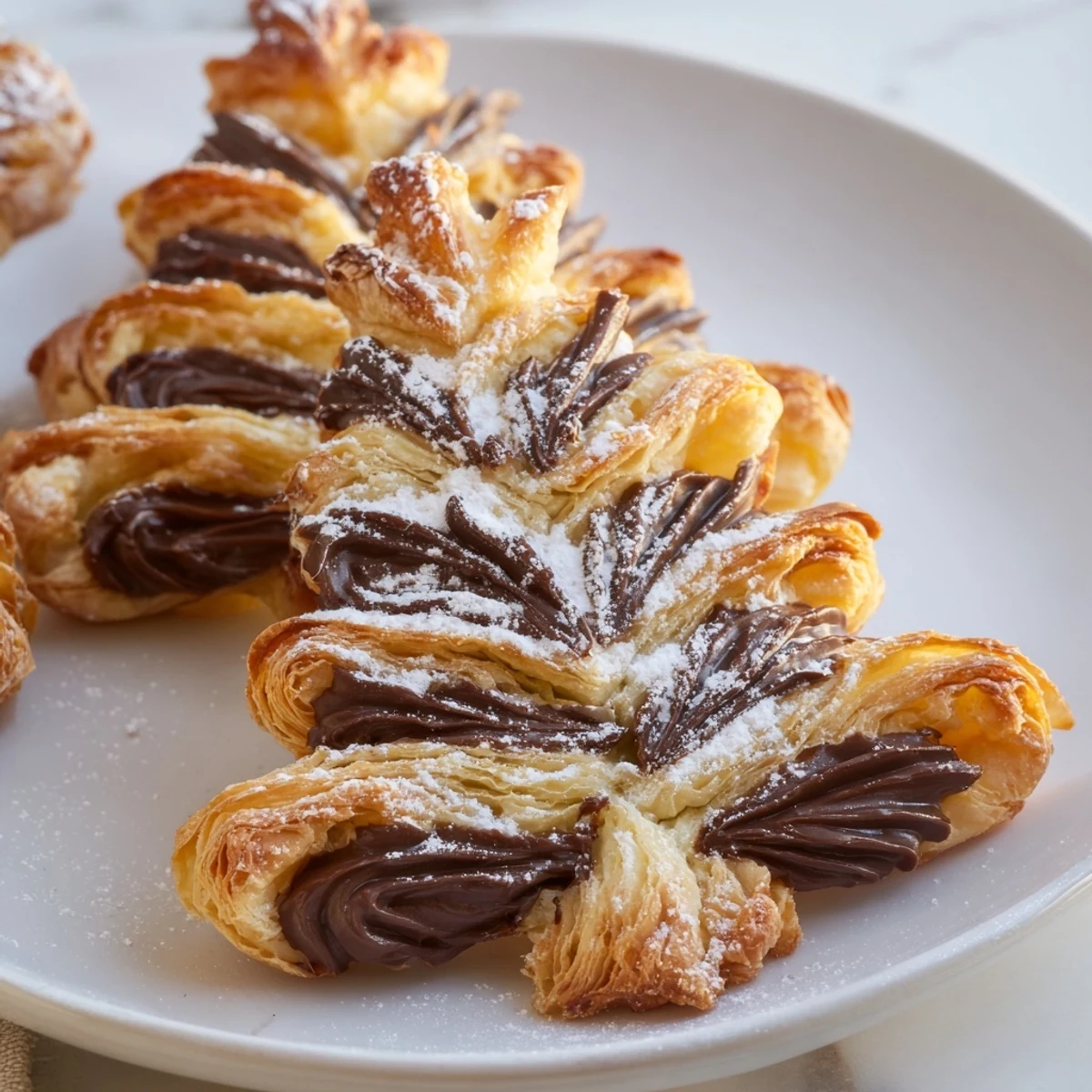 Festive Nutella Pastry Christmas Trees showcase a lovely texture, golden-brown puff pastry, and sweet chocolate swirls within.
