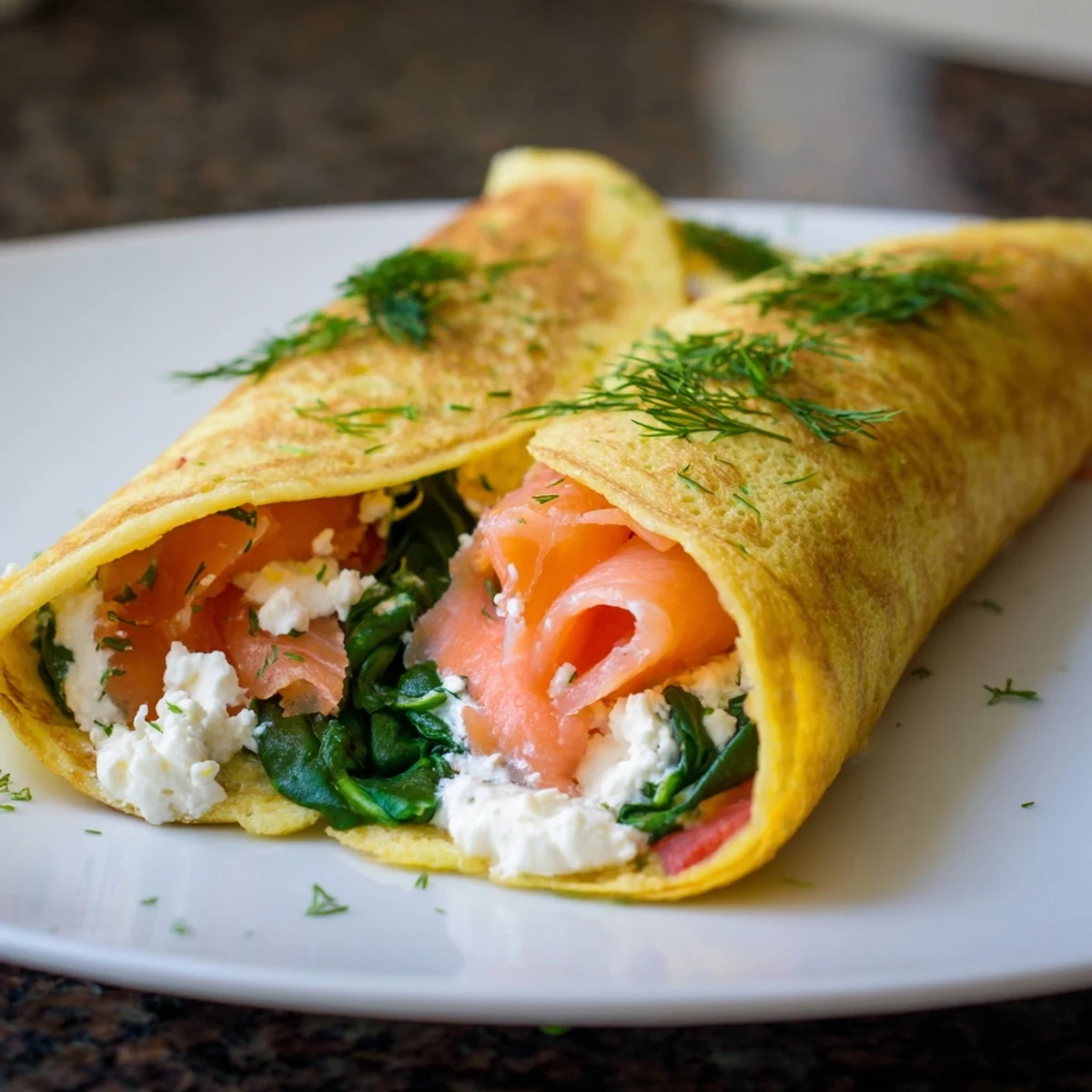 Visually appealing Blender Egg Crepe Wrap; a thin, cooked egg crepe holding savory smoked salmon.