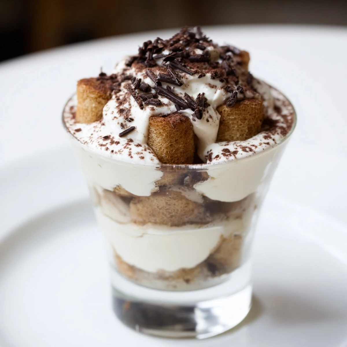 These elegant deconstructed tiramisu shots showcase fluffy cream, cocoa dust, and ladyfingers, perfect for dessert.