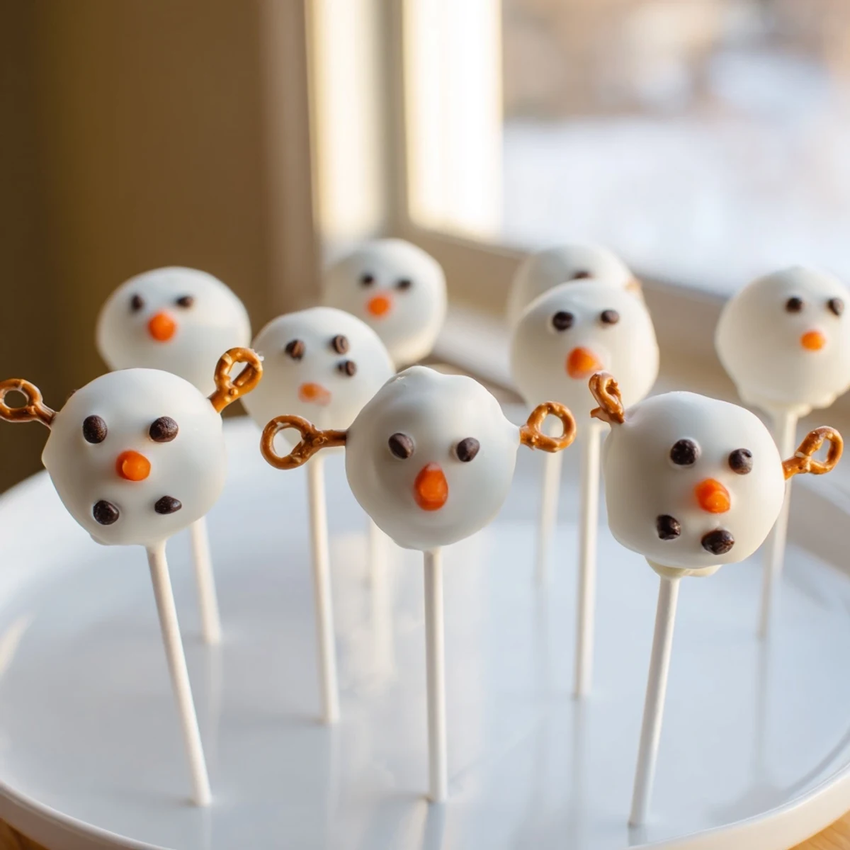 A plate of delightful Oreo Snowman Cake Pops, with pretzel arms and smiling faces, perfect for a winter treat.