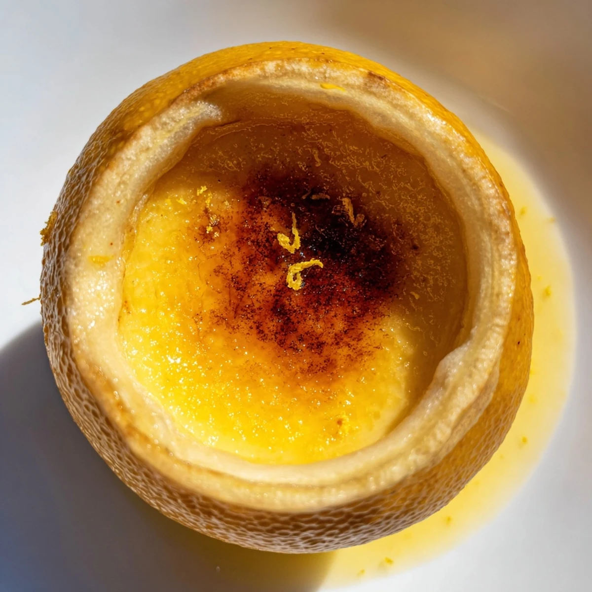 Golden, caramelized sugar atop a refreshing Lemon Brûlée Posset, ready for a delightful bite.