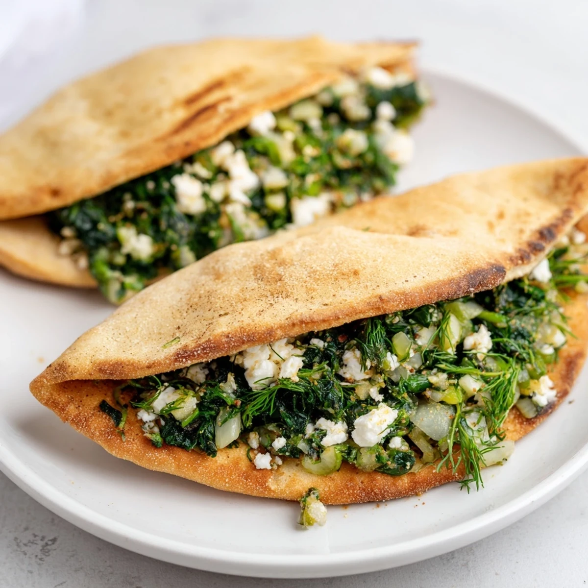 A close-up of delicious Turkish Spinach & Feta Flatbread, freshly baked and filled with flavorful spinach and feta.