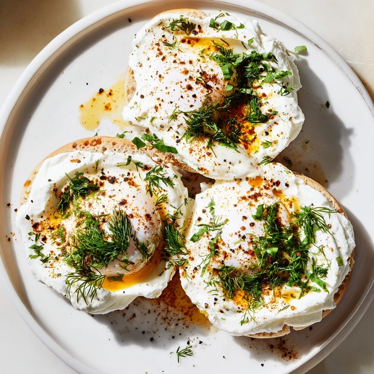 Vibrant photo reveals Çılbır Eggs Benedict, showcasing golden yolks, fresh herbs, and toasted English muffins.