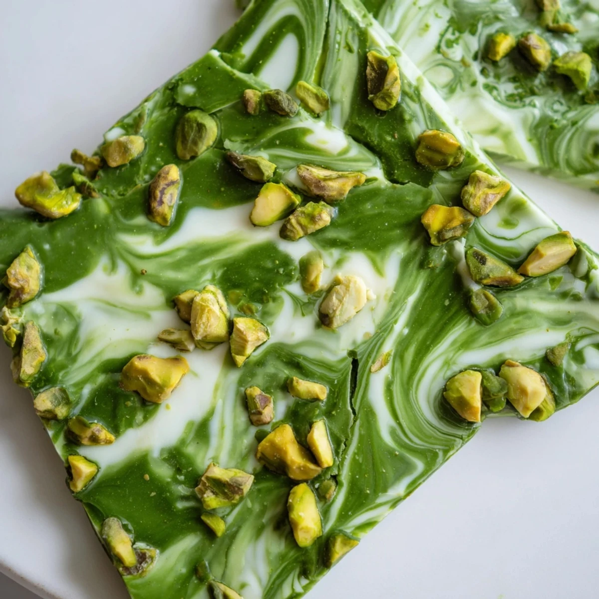 A close-up of glossy Pistachio Matcha White Chocolate, showcasing the matcha swirls and pistachio crunch.