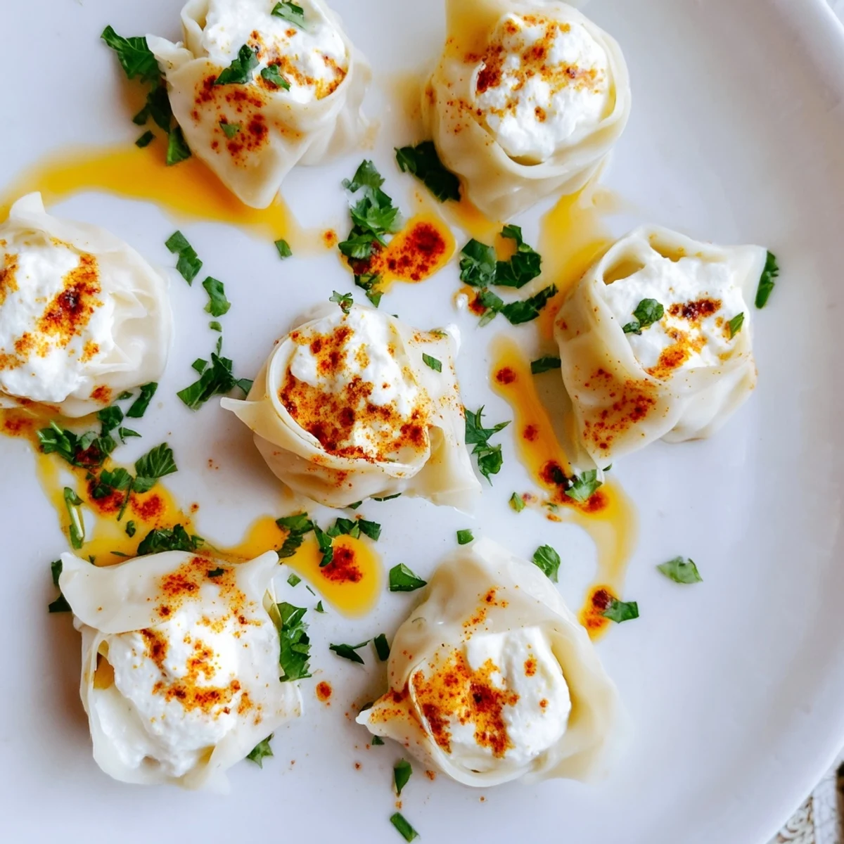 A close-up shot of steaming Turkish cheesy manti, topped with spiced butter and yogurt.