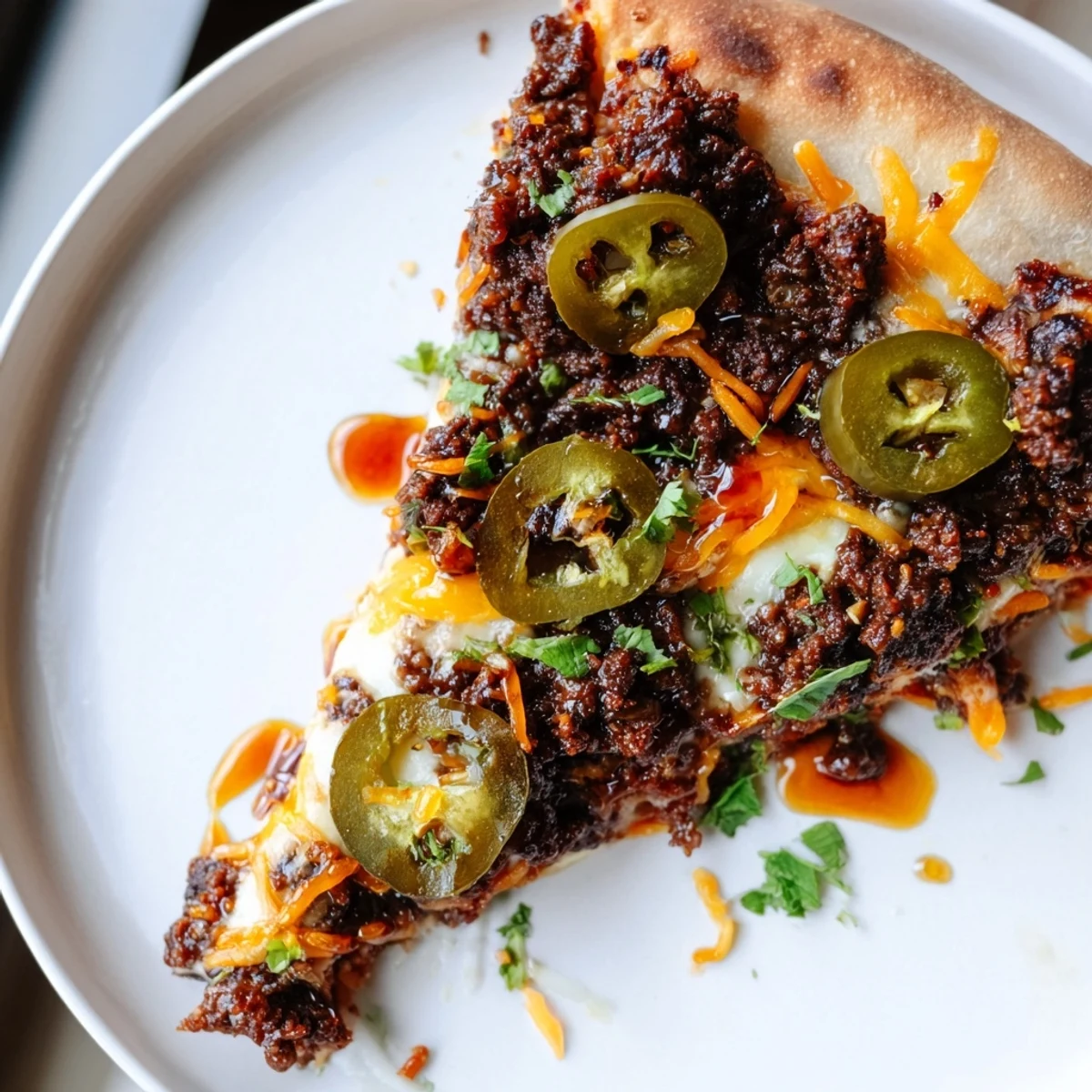 Freshly made spicy ground beef pizza base topped with cheese, jalapenos and baked to a perfect crisp.